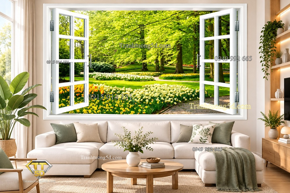 Tranh cửa sổ dán tường phòng khách vườn hoa mùa xuân xanh mát 43075