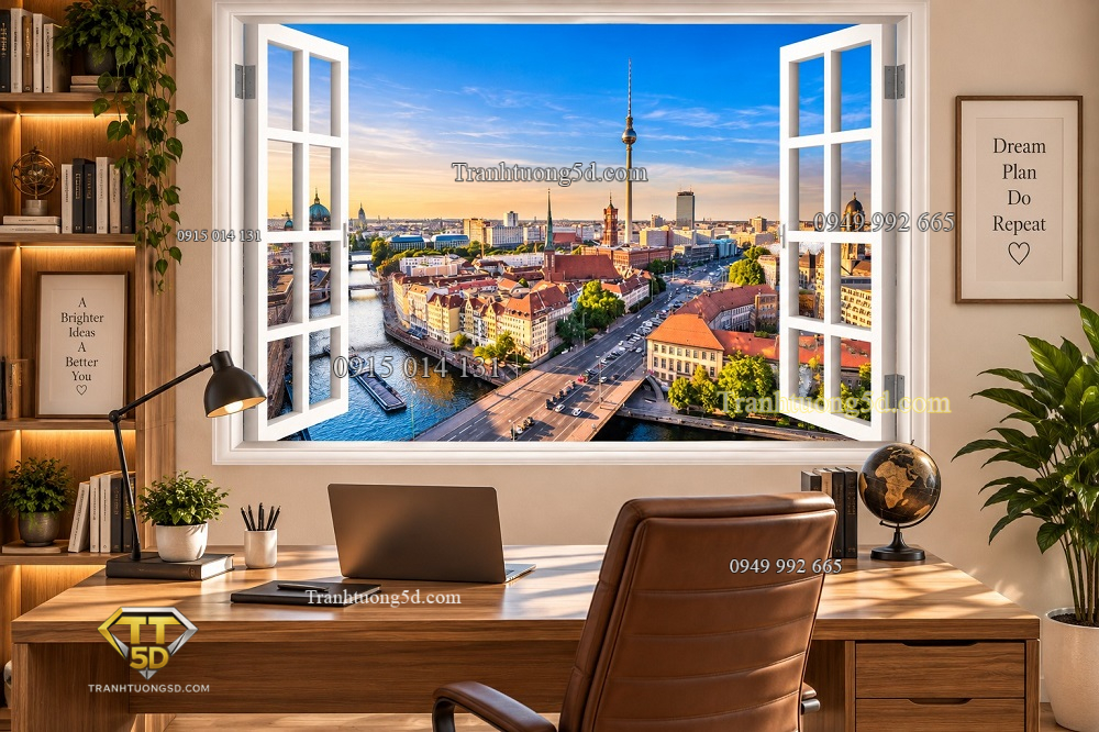 Tranh cửa sổ dán tường phòng làm việc phong cảnh thành phố berlin 52979