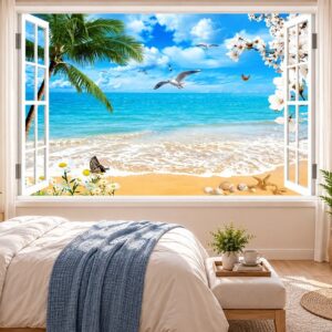 Tranh cửa sổ dán tường phòng ngủ bãi biển nhiệt đới chim hải âu 51673