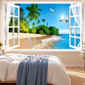 Tranh cửa sổ dán tường phòng ngủ bãi biển nhiệt đới hàng dừa và chim hải âu 52970