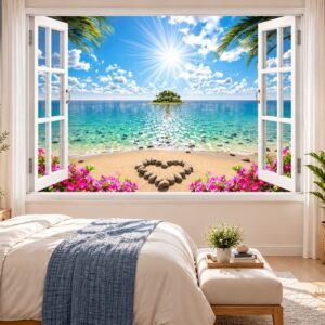 Tranh cửa sổ dán tường phòng ngủ bãi biển trái tim đá và đảo nhỏ 51206