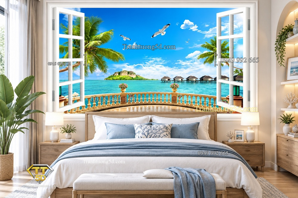Tranh cửa sổ dán tường phòng ngủ biển đảo nhiệt đới 42532