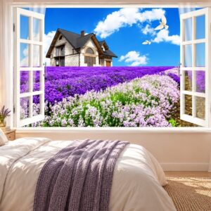 Tranh cửa sổ dán tường phòng ngủ cánh đồng hoa oải hương và ngôi nhà châu âu 51865