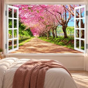 Tranh cửa sổ dán tường phòng ngủ con đường hoa anh đào mùa xuân 51546