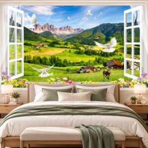 Tranh cửa sổ dán tường phòng ngủ phong cảnh thung lũng núi non châu âu 42582