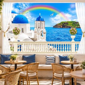 Tranh cửa sổ dán tường quán cafe biển santorini cầu vồng rực rỡ 44105