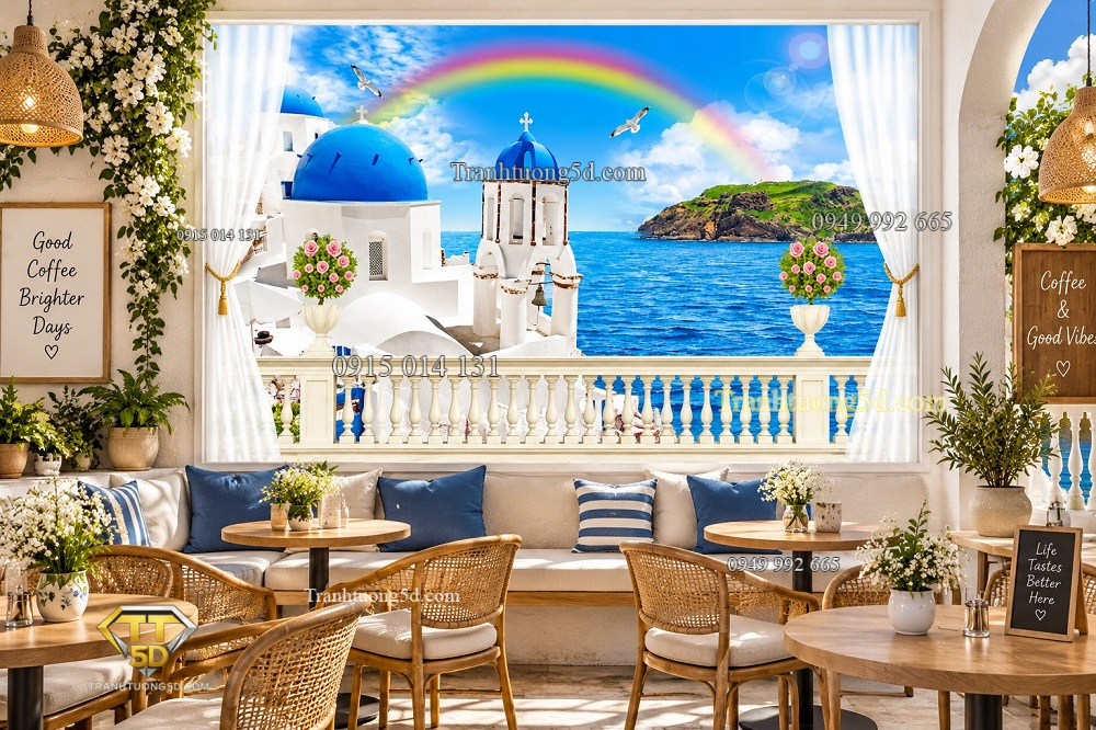 Tranh cửa sổ dán tường quán cafe biển santorini cầu vồng rực rỡ 44105