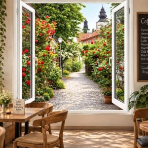 Tranh cửa sổ dán tường quán cafe con phố hoa hồng châu âu 51075