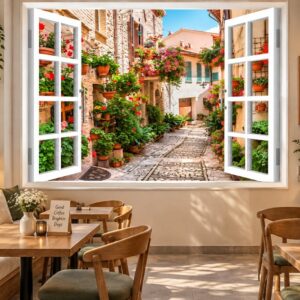 Tranh cửa sổ dán tường quán cafe phố nhỏ châu âu hoa leo lãng mạn 43123