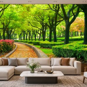 Tranh dán tường con đường hàng cây công viên xanh phòng khách 00164