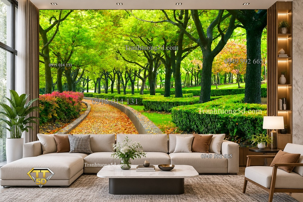 Tranh dán tường con đường hàng cây công viên xanh phòng khách 00164