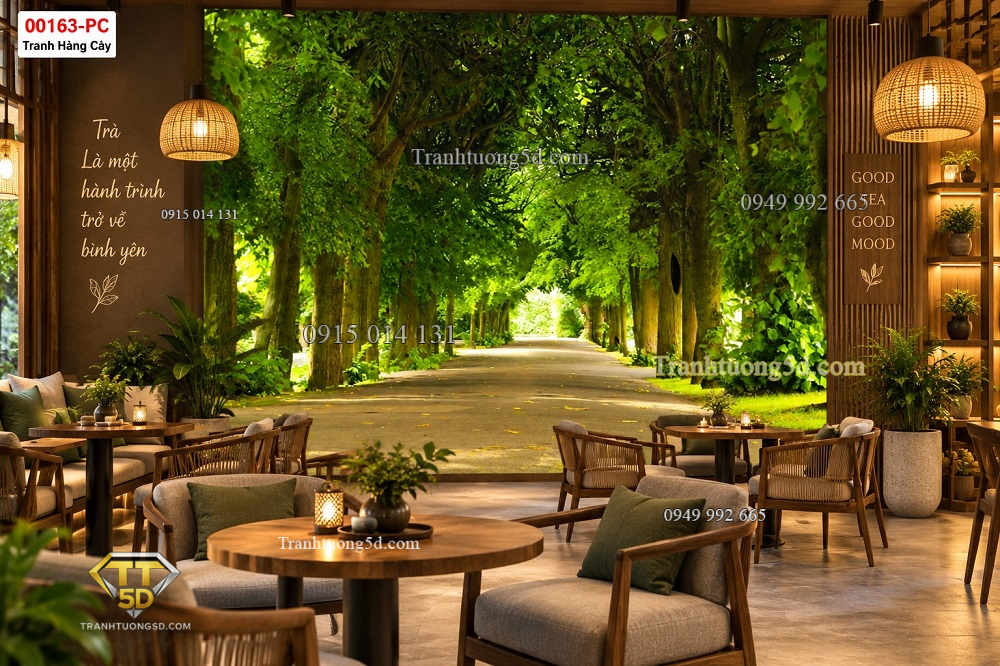 Tranh dán tường con đường hàng cây không gian phòng trà cafe 00163