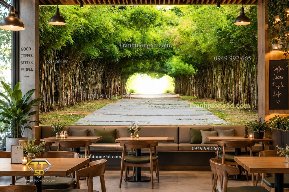 Tranh dán tường con đường hàng cây tre xanh không gian quán cafe 00176