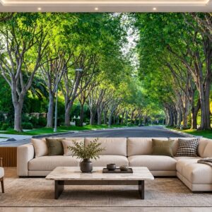 Tranh dán tường con đường hàng cây xanh mát không gian phòng khách 00166