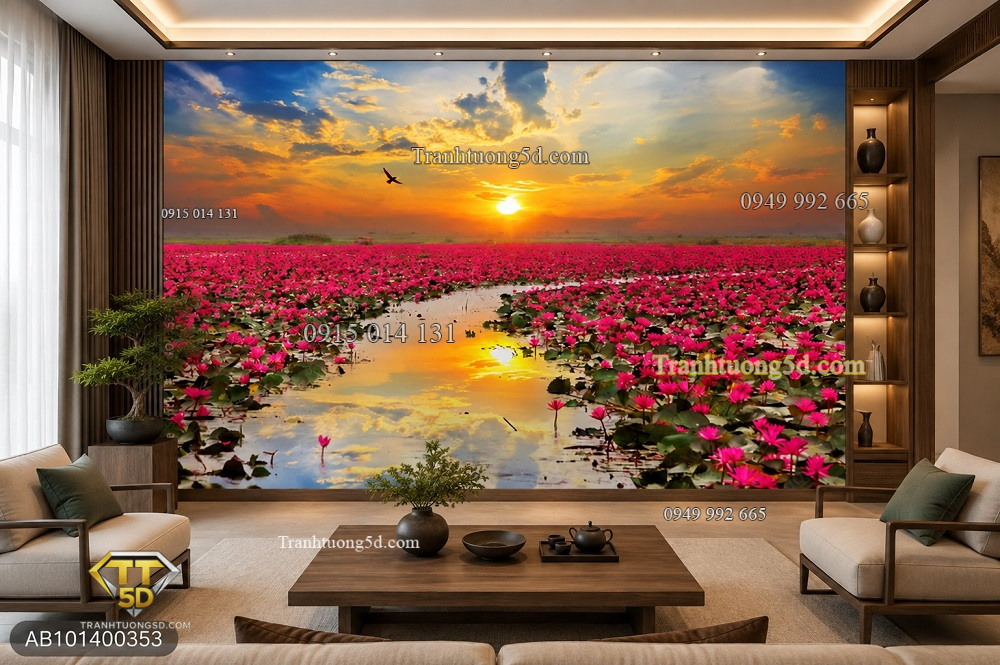 Tranh dán tường đầm sen hồng hoàng hôn phong cảnh thiên nhiên ab101400353