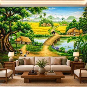 Tranh dán tường đồng quê phòng khách cây đa cầu tre làng quê 32597