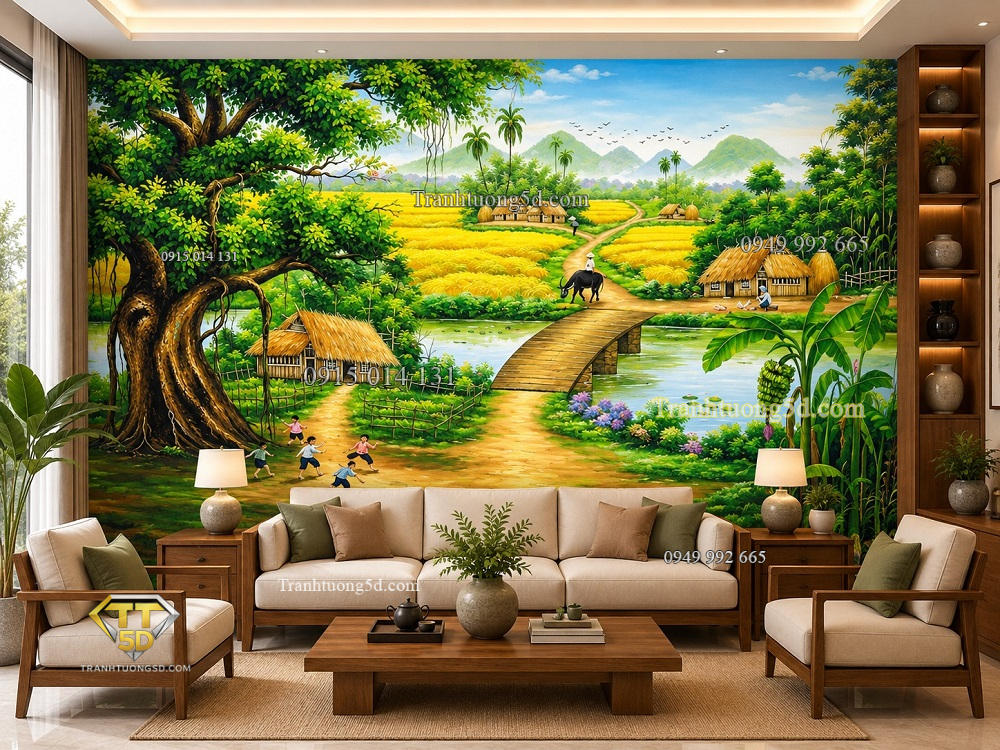 Tranh dán tường đồng quê phòng khách cây đa cầu tre làng quê 32597