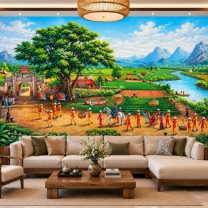 Tranh dán tường đồng quê phòng khách lễ hội làng quê cổng đình 35306