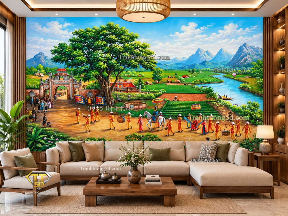 Tranh dán tường đồng quê phòng khách lễ hội làng quê cổng đình 35306