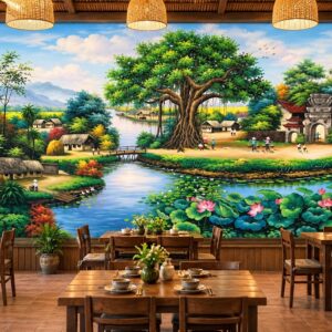 Tranh dán tường đồng quê quán ăn cây đa bến nước hoa sen 40354