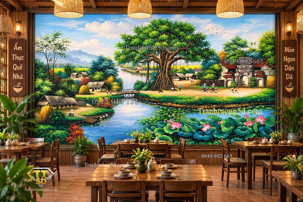Tranh dán tường đồng quê quán ăn cây đa bến nước hoa sen 40354