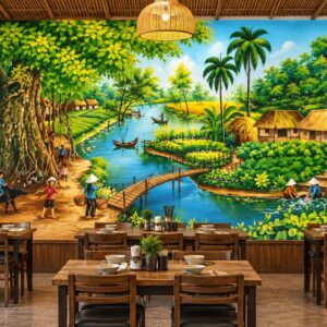 Tranh dán tường đồng quê quán ăn cây đa bến sông làng việt 35304