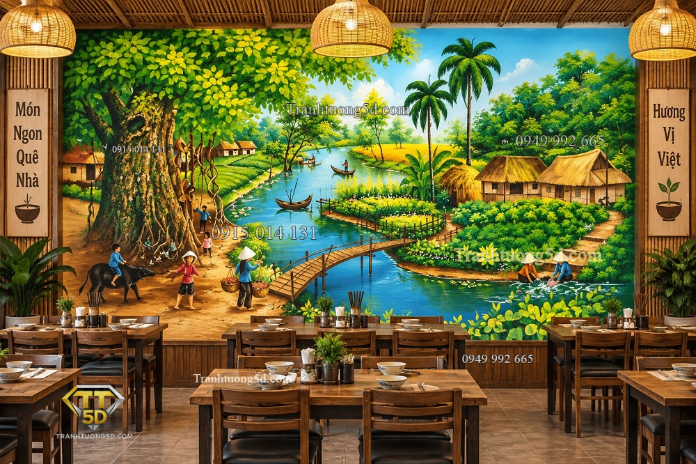 Tranh dán tường đồng quê quán ăn cây đa bến sông làng việt 35304