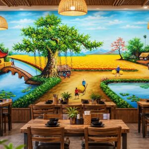 Tranh dán tường đồng quê quán ăn cây đa cánh đồng lúa 32616