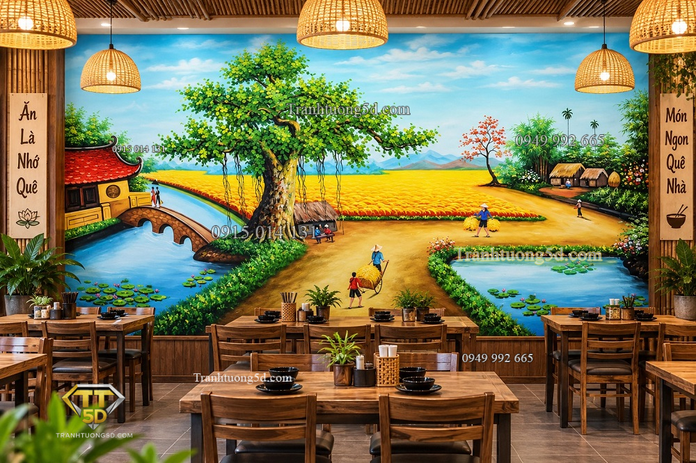 Tranh dán tường đồng quê quán ăn cây đa cánh đồng lúa 32616
