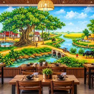 Tranh dán tường đồng quê quán ăn cây đa cổng làng bến sông 40132