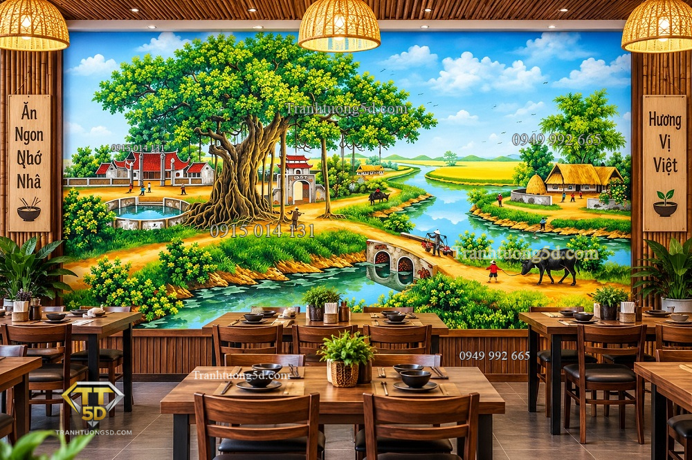 Tranh dán tường đồng quê quán ăn cây đa cổng làng bến sông 40132