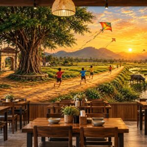 Tranh dán tường đồng quê quán ăn tuổi thơ thả diều cây đa 24620267