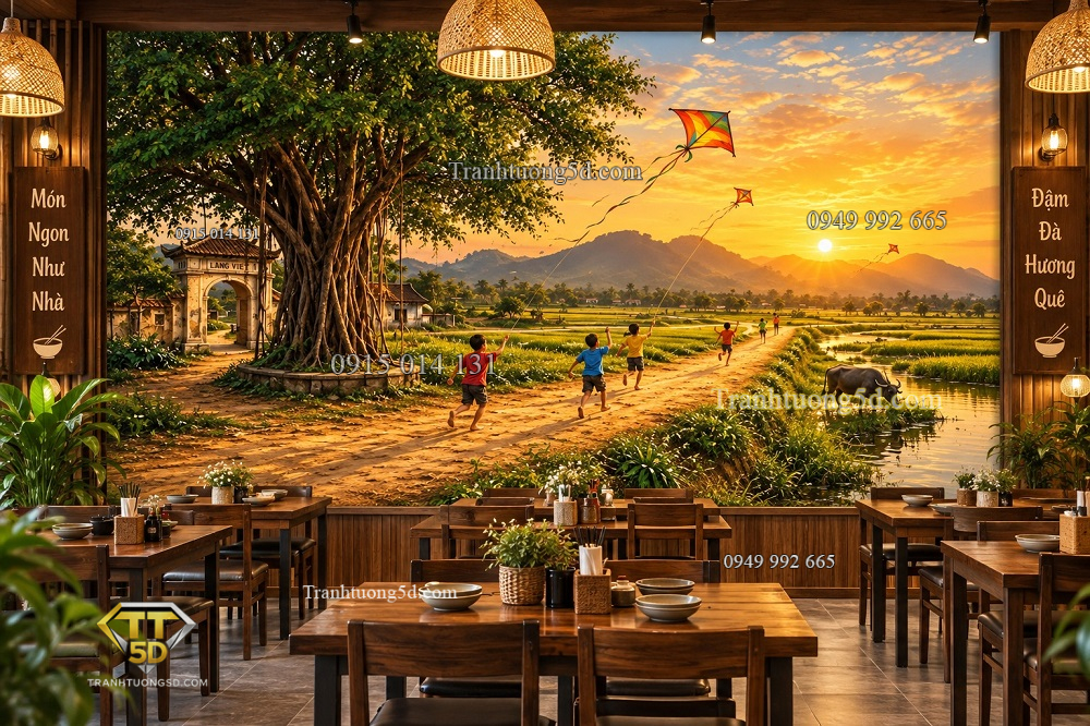 Tranh dán tường đồng quê quán ăn tuổi thơ thả diều cây đa 24620267