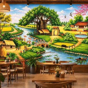 Tranh dán tường đồng quê quán cafe cây đa bến nước làng việt 35506