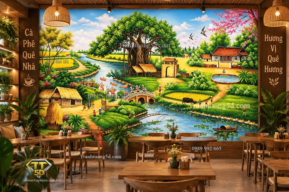 Tranh dán tường đồng quê quán cafe cây đa bến nước làng việt 35506
