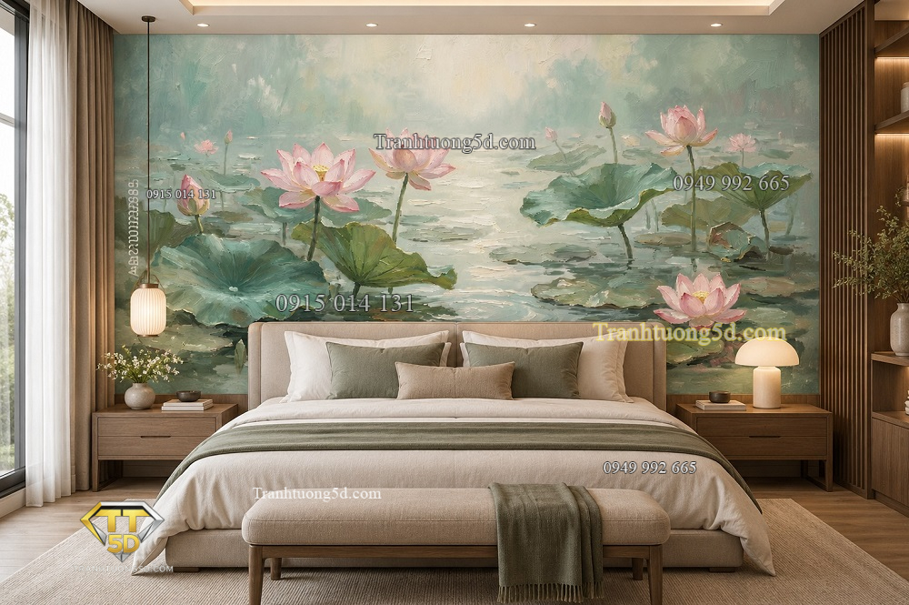 Tranh dán tường hồ sen hoa sen phong cách sơn dầu nghệ thuật ab2010482985