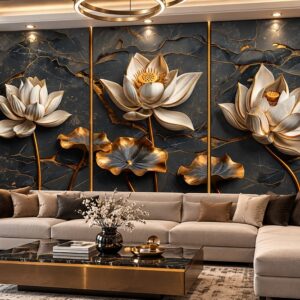 Tranh dán tường hoa sen trắng đen mạ vàng 3d chia ô phòng khách ab841085672
