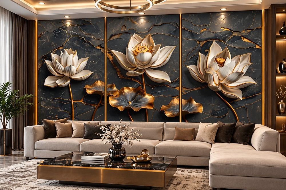 Tranh dán tường hoa sen trắng đen mạ vàng 3d chia ô phòng khách ab841085672