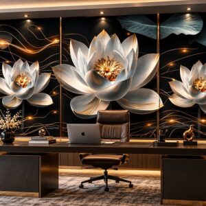 Tranh dán tường hoa sen trắng vàng 3d chia ô phòng làm việc ab841066793