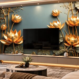 Tranh dán tường hoa sen vàng cam 3d phòng khách ab1463579565