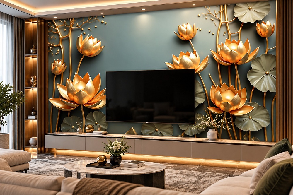 Tranh dán tường hoa sen vàng cam 3d phòng khách ab1463579565 Tranh dán tường hoa sen vàng cam 3d phòng khách ab1463579565