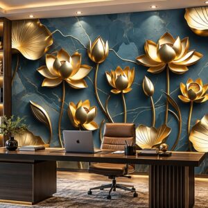 Tranh dán tường hoa sen vàng xanh 3d phòng làm việc ab1475900482