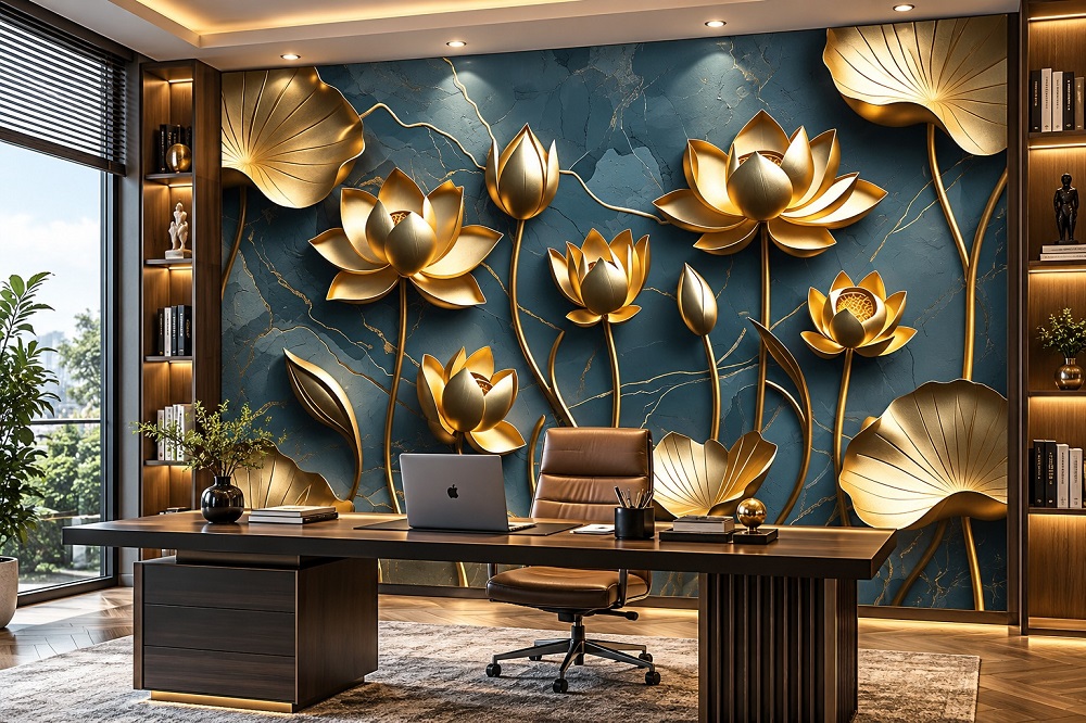 Tranh dán tường hoa sen vàng xanh 3d phòng làm việc ab1475900482