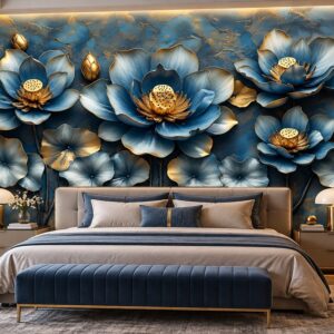 Tranh dán tường hoa sen xanh vàng 3d phòng ngủ ab1236003076