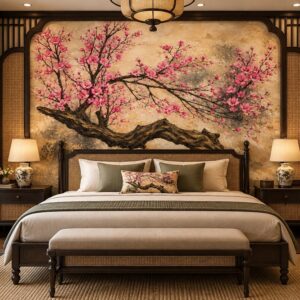 Tranh dán tường indochine hoa đào hồng nghệ thuật phòng ngủ in16920263