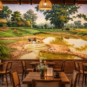 Tranh dán tường phong cảnh làng quê ven sông cho quán cafe dq4920268