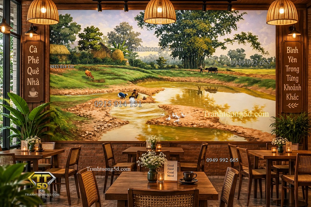 Tranh dán tường phong cảnh làng quê ven sông cho quán cafe dq4920268