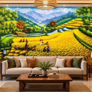 Tranh dán tường phòng khách cánh đồng lúa bậc thang tây bắc stt327