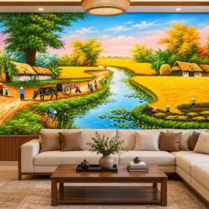 Tranh dán tường phòng khách đồng quê mùa gặt bên dòng sông dq4920261