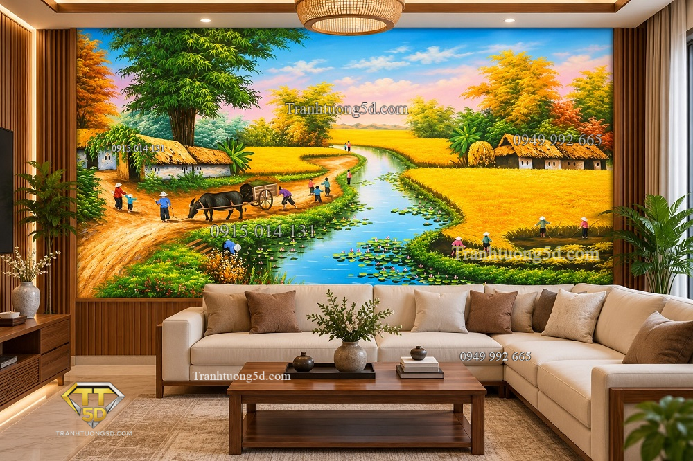 Tranh dán tường phòng khách đồng quê mùa gặt bên dòng sông dq4920261